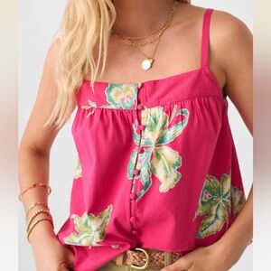 Faherty Marina Seersucker Top Orchid Blossom Pink Hibiscus organic